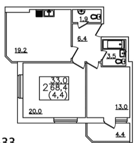 2 комнатная квартира, 68,4 кв.м.