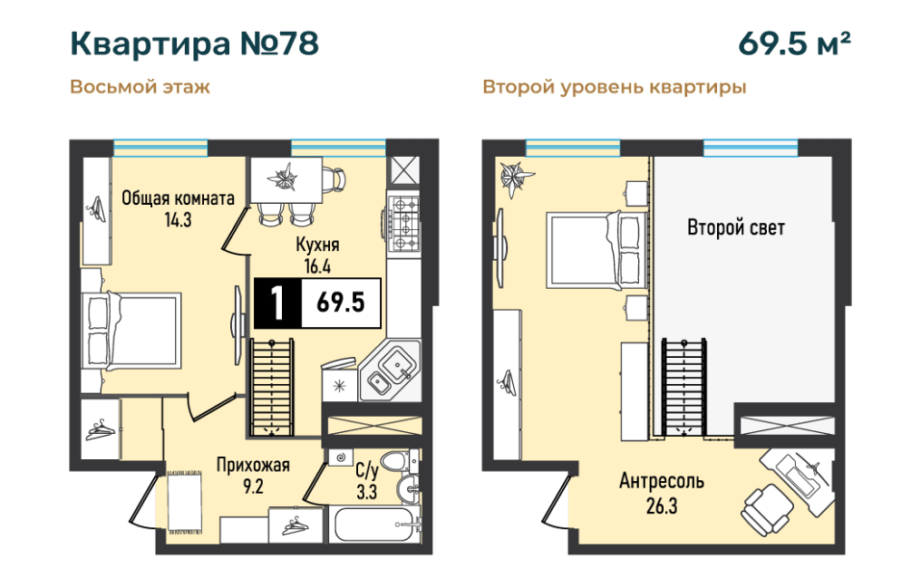 Двухуровневая квартира, 69,5 кв.м.