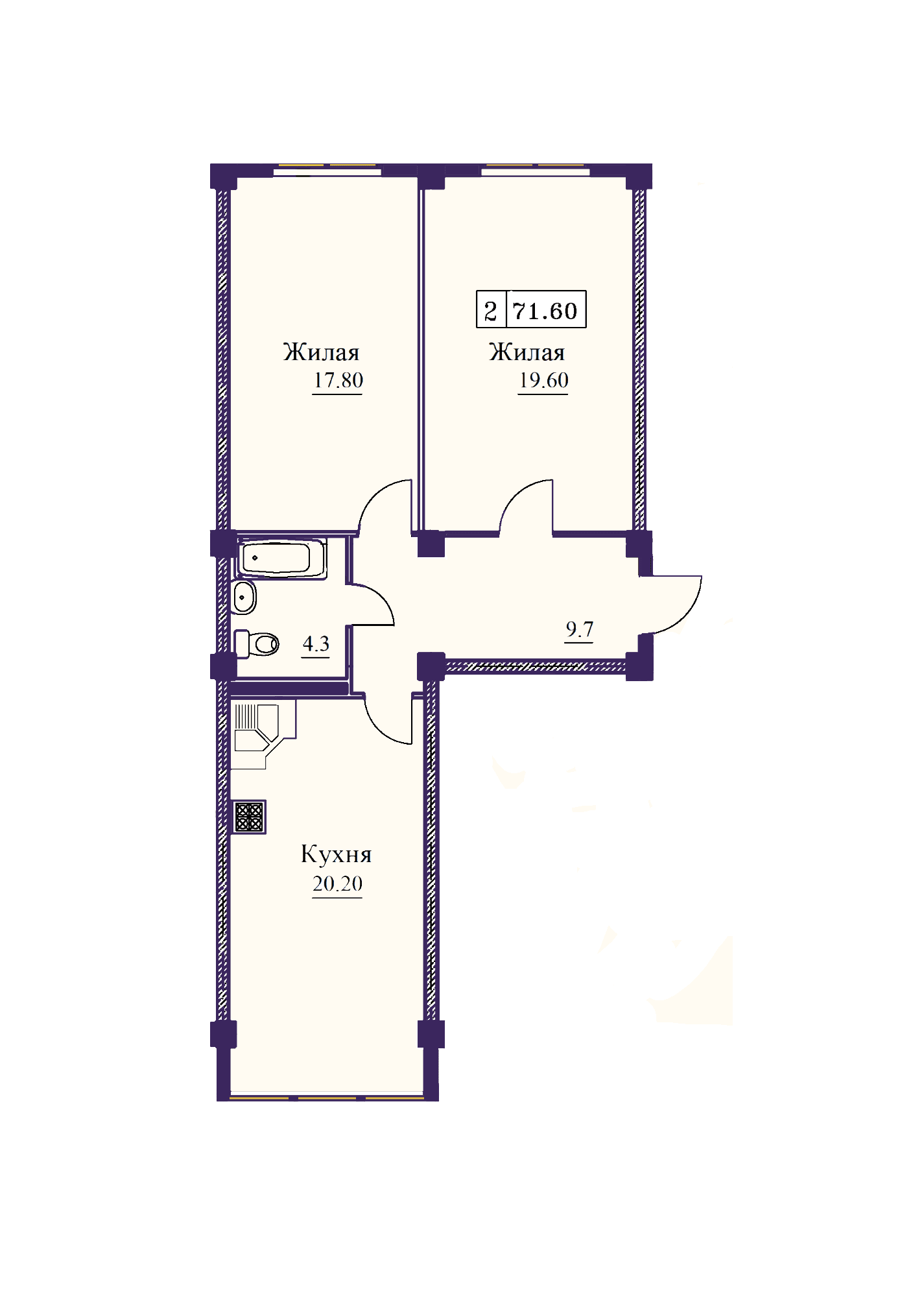 2 комнатная квартира 71,6 кв.м.