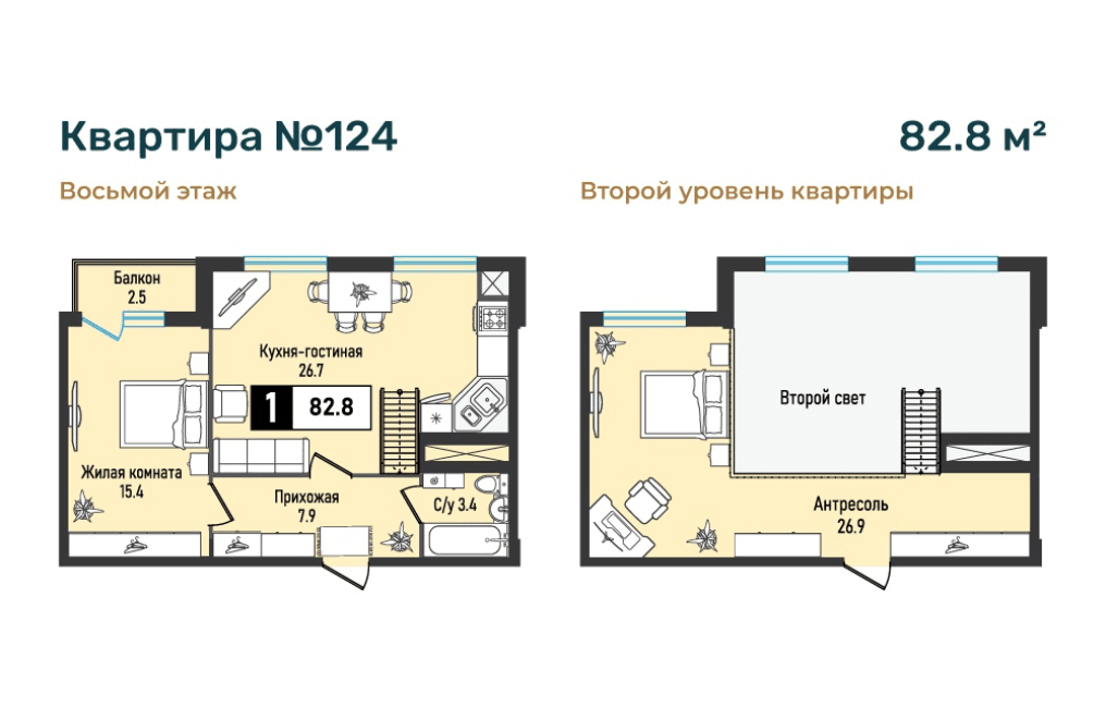 Двухуровневая квартира, 82,8 кв.м.