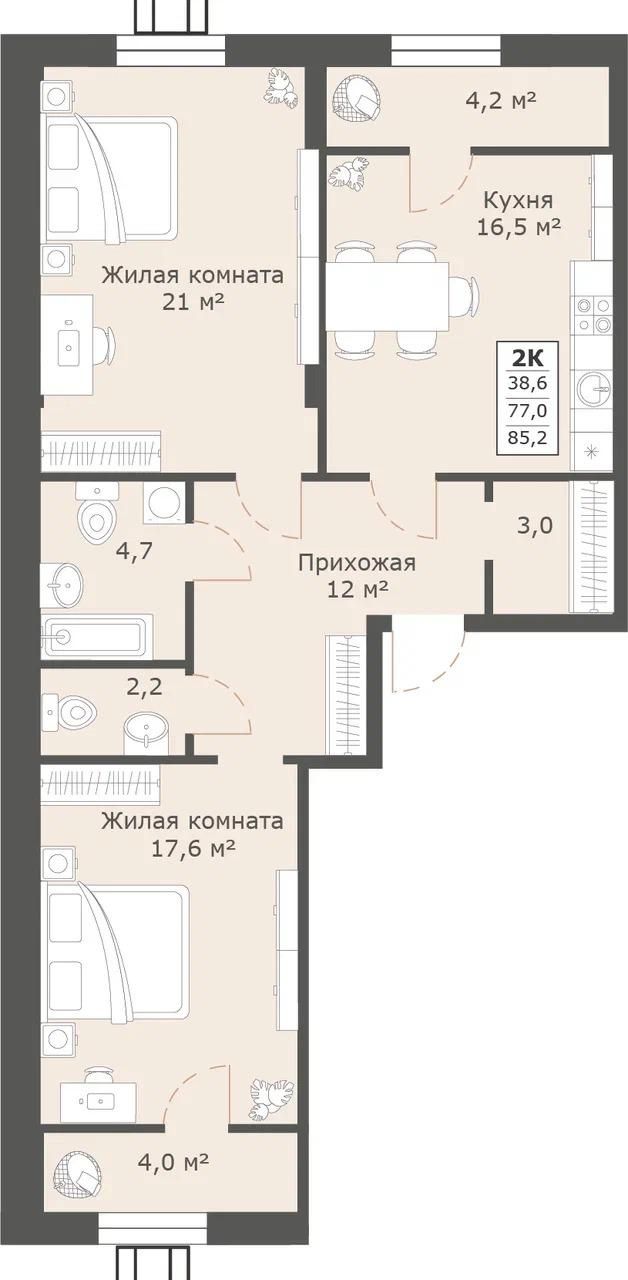 2 комнатная квартира 85,2 кв.м