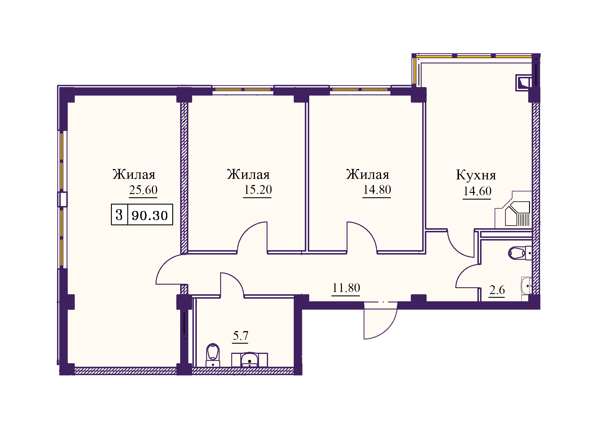 3 комнатная квартира 90,3 кв.м