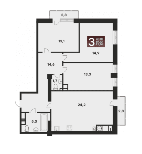 3 комнатная квартира, 92,7 кв.м.