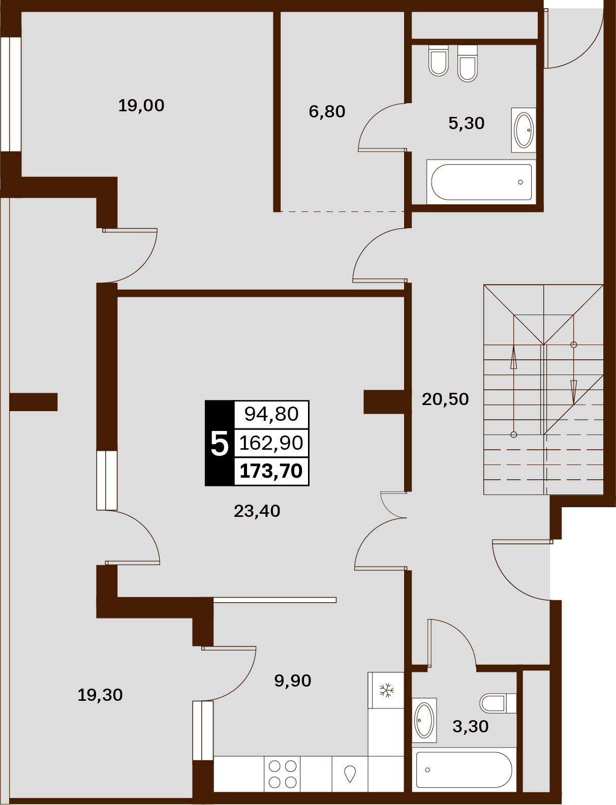 5 комнатная квартира, 173,7 кв.м.