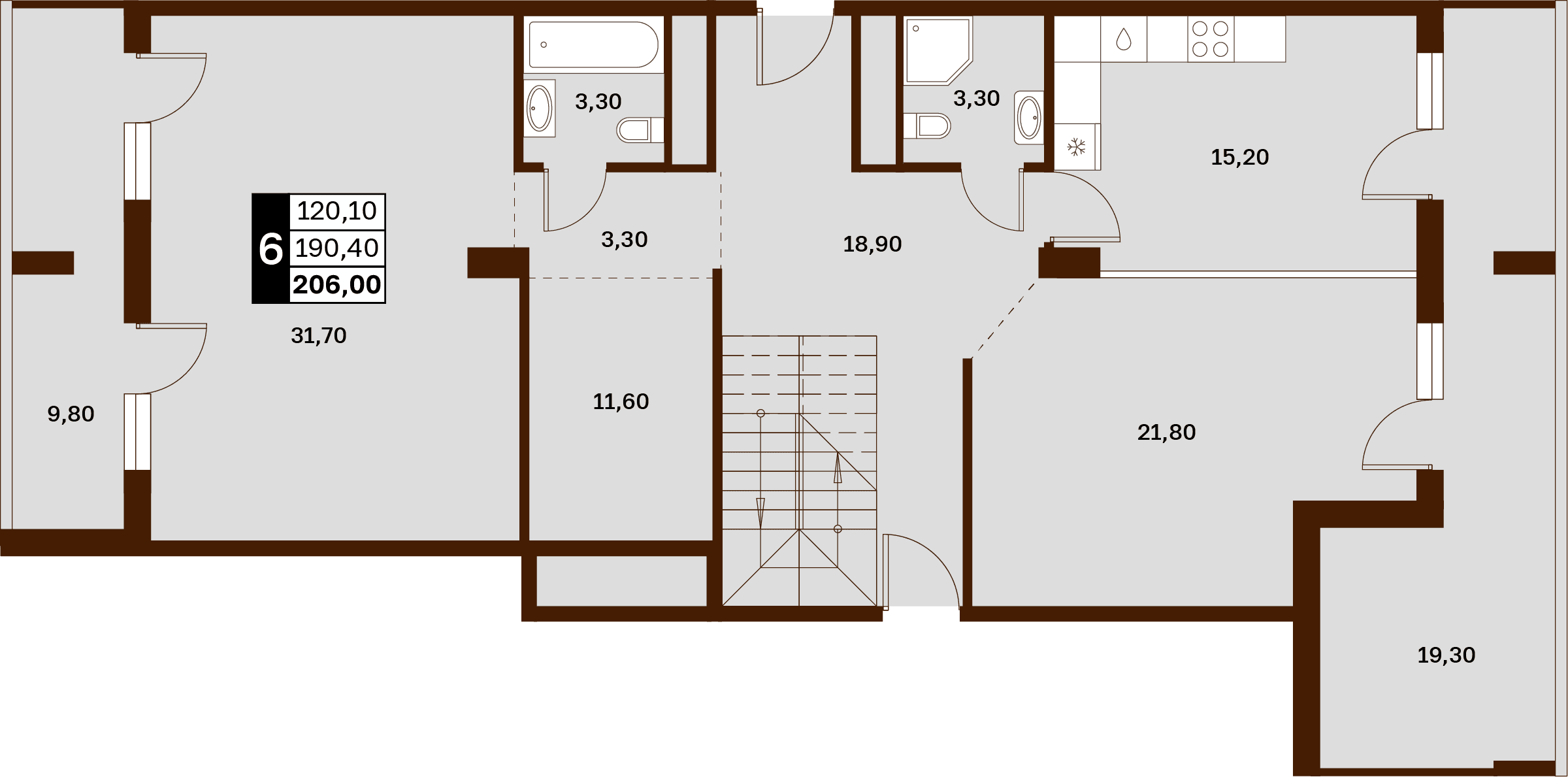 6 комнатная квартира, 206 кв.м.
