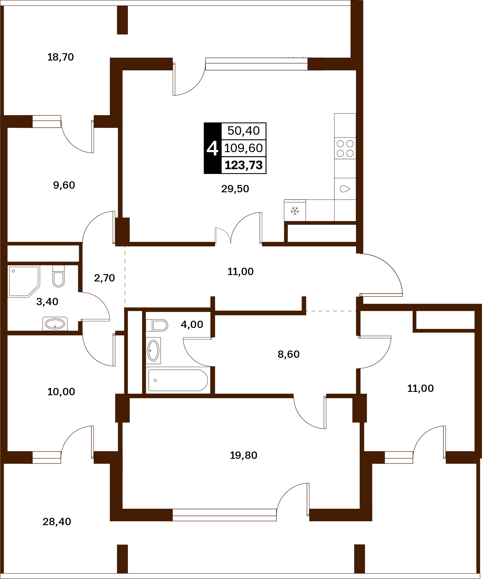 4 комнатная квартира, 123,73 кв.м.