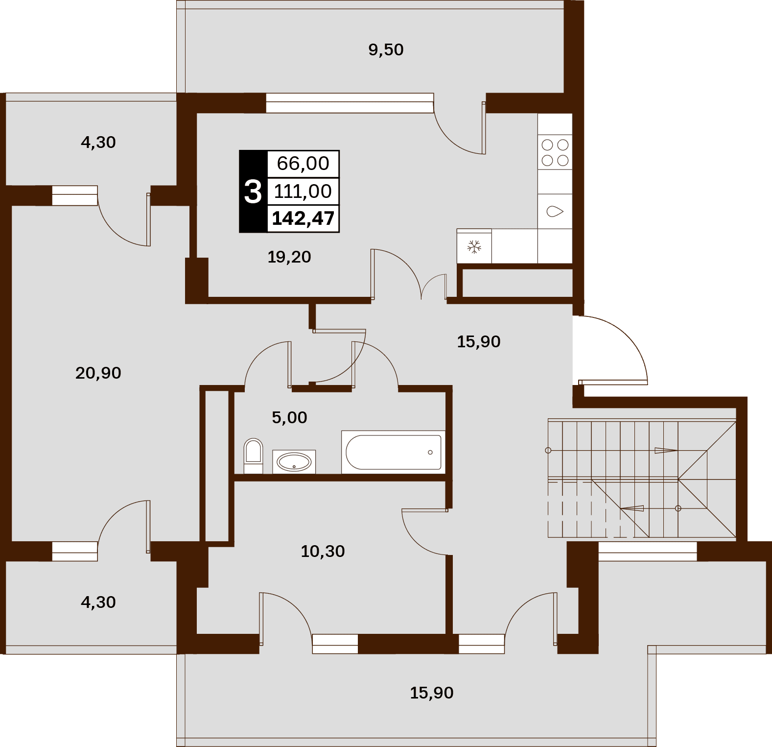 3 комнатная квартира, 142,47 кв.м.