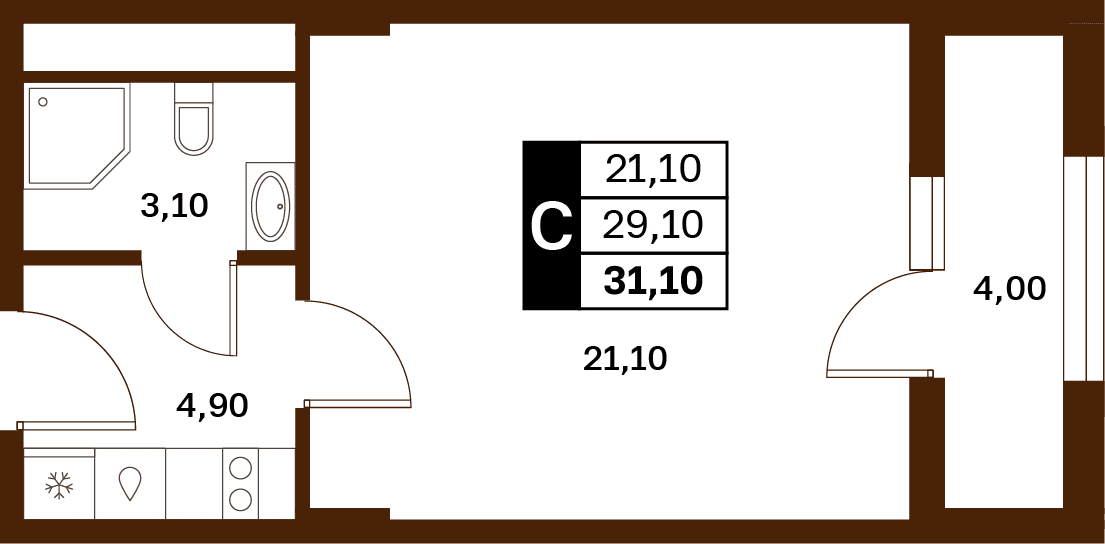Студия, 31,1 кв.м.